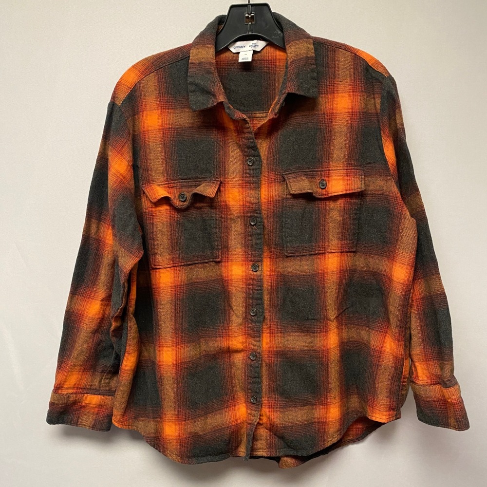 Old Navy The Boyfriend Fit Flannel Medium Flannel Shirt Orange Black Plaid